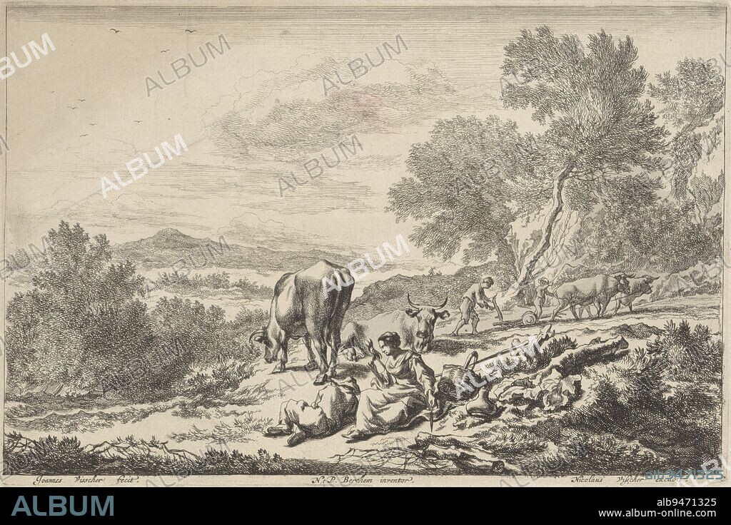 In a hilly landscape, a shepherd and a shepherdess are resting between their cattle. The shepherdess is spinning wool and the shepherd seems to be snapping an owl. In the background two men with cattle are working the land, hilly landscape with shepherds and farmers Pastoral landscapes after Berchem I (series title)., print maker: Jan de Visscher, (mentioned on object), Nicolaes Pietersz. Berchem, (mentioned on object), publisher: Nicolaes Visscher (I), (mentioned on object), print maker: Northern Netherlands, publisher: Amsterdam, 1643 - 1709, paper, etching, engraving, h 156 mm × w 232 mm.