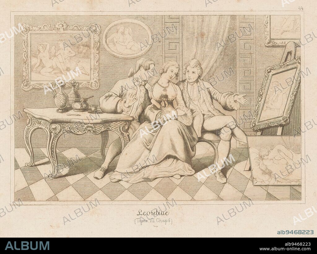 Casanova and the Duke of Matalone Looking at Erotic Art with Leonilde, In  an eighteenth-century interior, two men and a woman with bare breasts sit  on a sofa. They are dis -