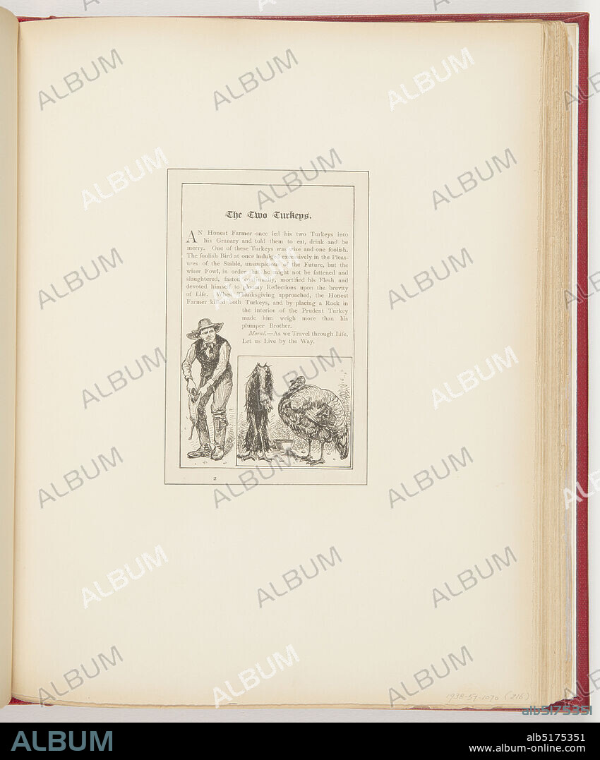 The Two Turkeys, Printed in black ink on paper, Top, short story about  turkey trying to deceive his way into not being eaten. Bottom left, farmer  with skinned turkey carca - Album