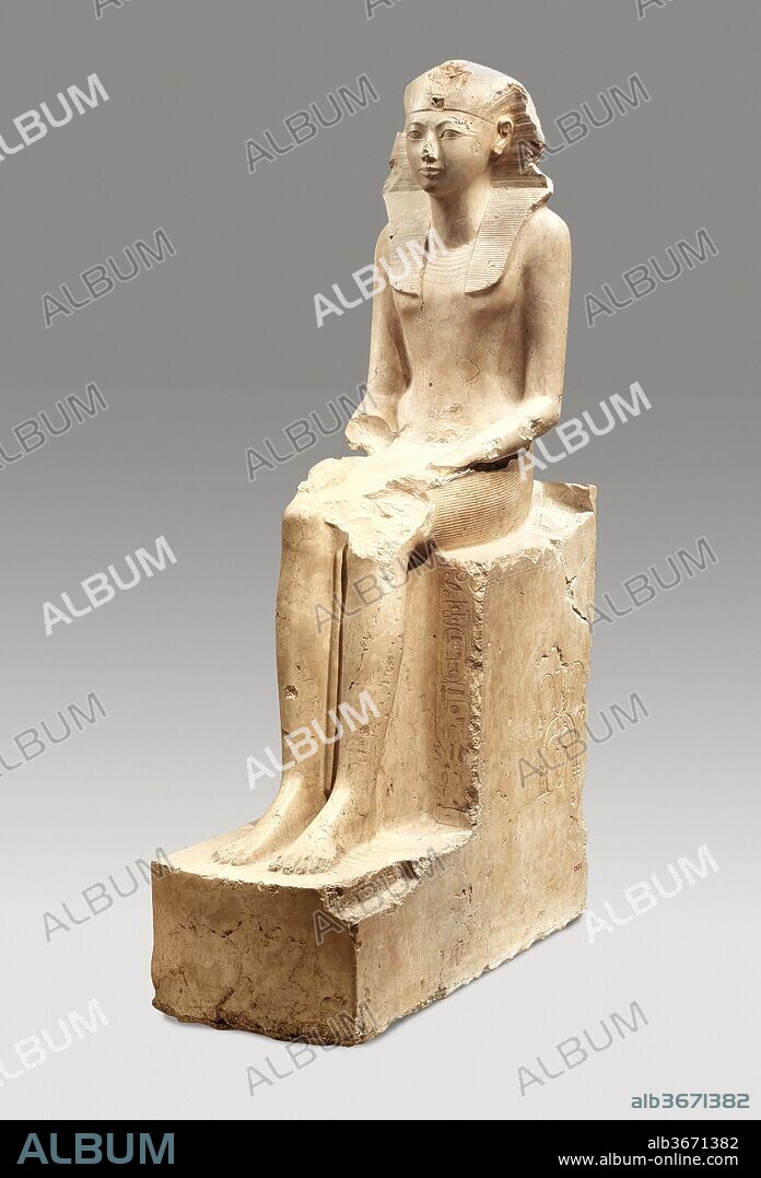 Seated Statue of Hatshepsut. Dimensions: H. 195 cm (76 3/4 in.); W. 49 cm (19 5/16 in.); D. 114 cm (44 7/8 in.). Dynasty: Dynasty 18. Reign: Joint reign of Hatshepsut and Thutmose III. Date: ca. 1479-1458 B.C..
Hatshepsut, the most successful of several female rulers of ancient Egypt, declared herself king sometime between years 2 and 7 of the reign of her stepson and nephew, Thutmose III. She adopted the full titulary of a pharaoh, including the throne name <i>Maatkare</i>, which is the name most frequently found on her monuments. Her throne name and her personal name, Hatshepsut, are both written inside oval cartouches making them easy to recognize. 
In this life-size statue, Hatshepsut is shown wearing the <i>nemes</i>-headcloth and the <i>shendyt</i>-kilt. These are part of the ceremonial attire of the Egyptian king, which was traditionally a man's role. In spite of the masculine dress, the statue has a distinctly feminine air, unlike most representations of Hatshepsut as ruler (see, for example, three over life-size statues that represent her seated (27.3.163), kneeling (30.3.1), and standing (28.3.18)). The kingly titles on the sides of the throne are feminized to read "the Perfect Goddess, Lady of the Two Lands" and "Bodily Daughter of Re," a practice that was dropped later in her reign.
Traces of blue pigment are visible in some of the hieroglyphs on the front of the statue and a small fragment on the back of the head (see attached photograph) shows that the pleats of the <i>nemes</i>-headcloth were originally painted with alternating blue and yellow pigments.