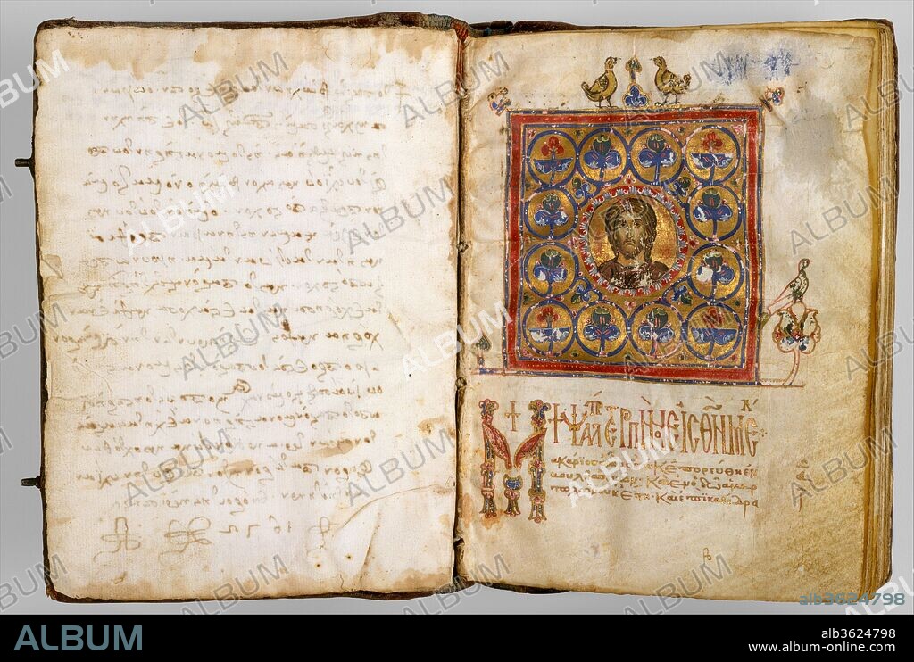 Illuminated Psalter. Culture: Byzantine. Dimensions: 8 1/8 x 5 7/8 x 2 in. (20.7 x 14.9 x 5.1 cm)
Other (Single MS leaf): 7 11/16 x 5 13/16 in. (19.5 x 14.7 cm). Date: late 1100s.
Literacy was highly prized in Byzantine state, with its sophisticated secular and clerical elite proving to be enthusiatic patrons of the book arts. This manuscript, one of the approximately fifty so-called aristocratic psalters that survive from the Middle Byzantine era, demonstrates the high quality of that period's book production. The text is elegantly written in gold letters on parchment, with vibrantly colored illuminations set against gilded grounds at selected readings. The iconlike illiminations assist in making the Old Testament text relevant for Christian use. Thus, God, to whom the Psalms are dedicated, is depicted as Christ Pantokrator at the center of elaborate headpiece over the introductory text (illustrated above). The illuminator has painted the face of Christ, the "world ruler" (pantokrator), in the finest Byzantine tradition, layering flesh tones and facial details over a green base color meant to represent shadows. The pairs of birds over the headpiece and in the ornate incipit letter of the text extend the Christian reference by evoking the dual nature of Christ--equally man and god.
Pslaters were popular throughout the medieval Christian world, in both the East and West, for prayers during the liturgy in churches and monasteries, as weapons against demons, and as the primary texts for learning to read.