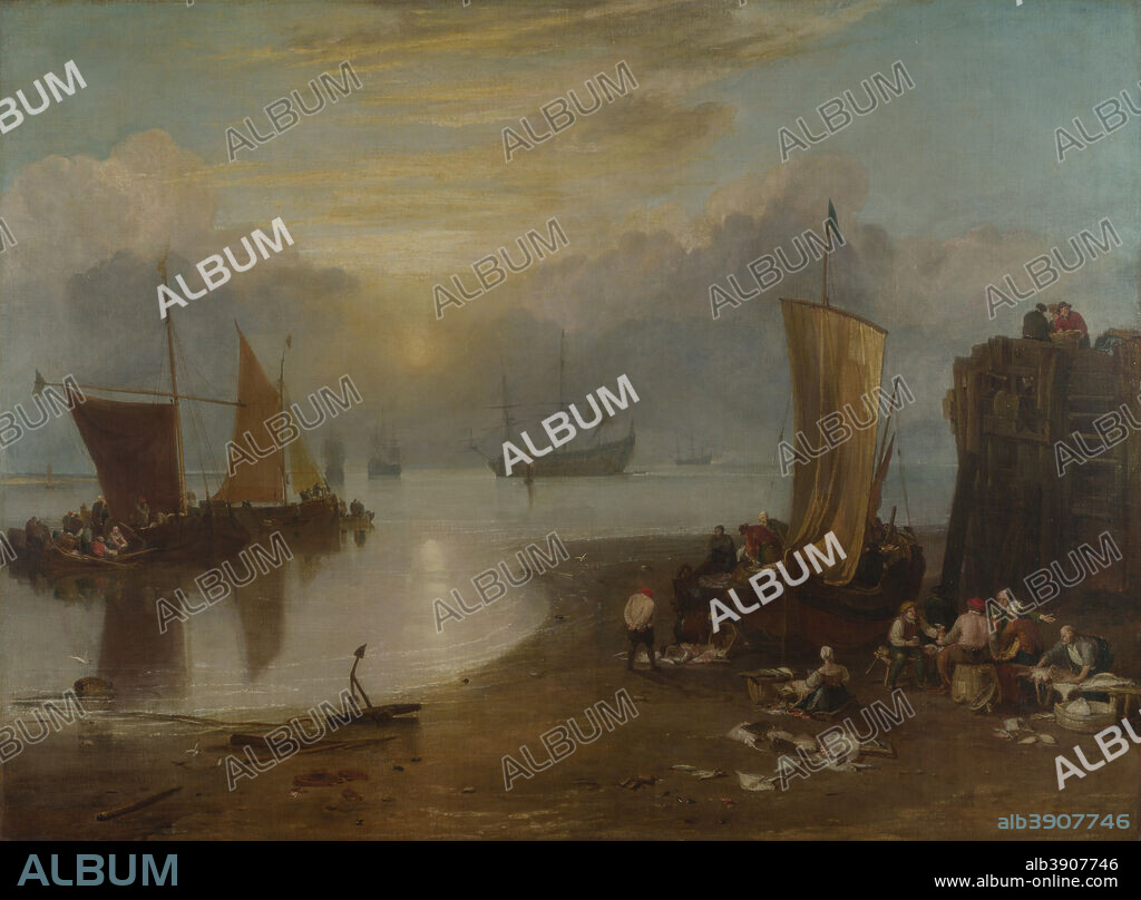 J. M. W. TURNER. Sun Rising through Vapour, Fishermen Cleaning and Selling Fish. Date/Period: 1807. Painting. Oil on canvas. Height: 134.5 cm (52.9 in); Width: 179 cm (70.4 in).