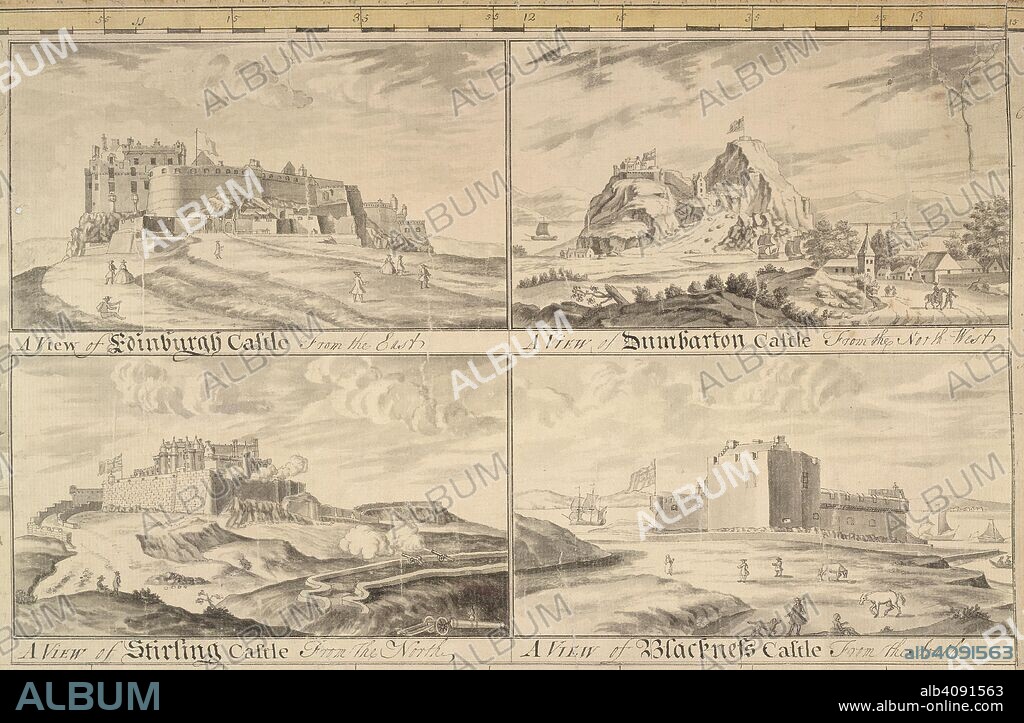 Four Scottish castles. 1746. A view, in Indian ink, of Edinburgh Castle, taken from the east; Dumbarton Castle, taken from the north-west; Stirling Castle, taken from the north; Blackness Castle, taken from the south.  Originally published/produced in 1746. . Source: Maps.K.Top.48.22,. Language: English.