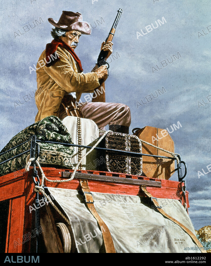 Cowboy with rifle sitting on stagecoach by Stanley Borack, 20th century.