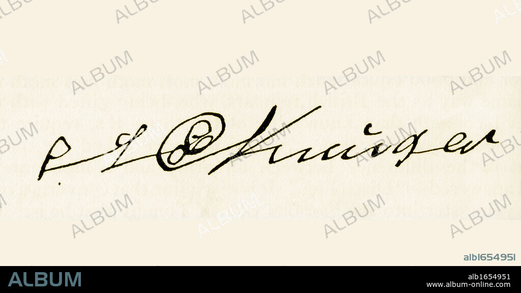 Signature of Stephanus Johannes Paulus Kruger, 1825 to 1904, better known as Paul Kruger and affectionately known as Uncle Paul or Oom Paul. State President of the South African Republic. From the book South Africa and the Transvaal War by Louis Creswicke, published 1900.