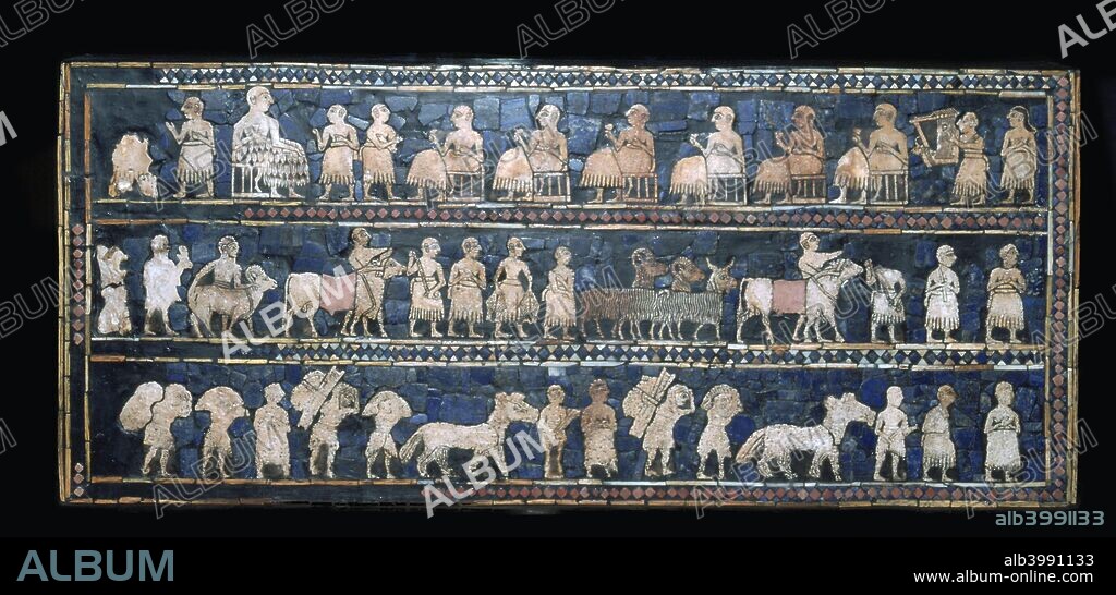 The 'Peace' side of the Standard of Ur from a Royal tomb at Ur, southern Iraq, about 2600-2400 BC. Inlay of shell, red limestone, and lapis lazuli in Bitumen on a hollow box. The main panels are known as 'War' and 'Peace'. The 'Peace' panel depicts animals, fish and other goods brought in procession to a banquet. Seated figures drink whilst a musician plays a lyre.From the British Museum's collection.