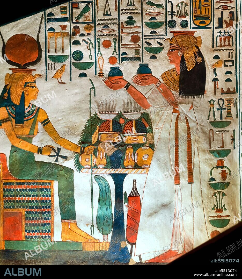 ANCIENT EGYPT. Queen Nefertari presenting offerings to the goddess Hathor.
