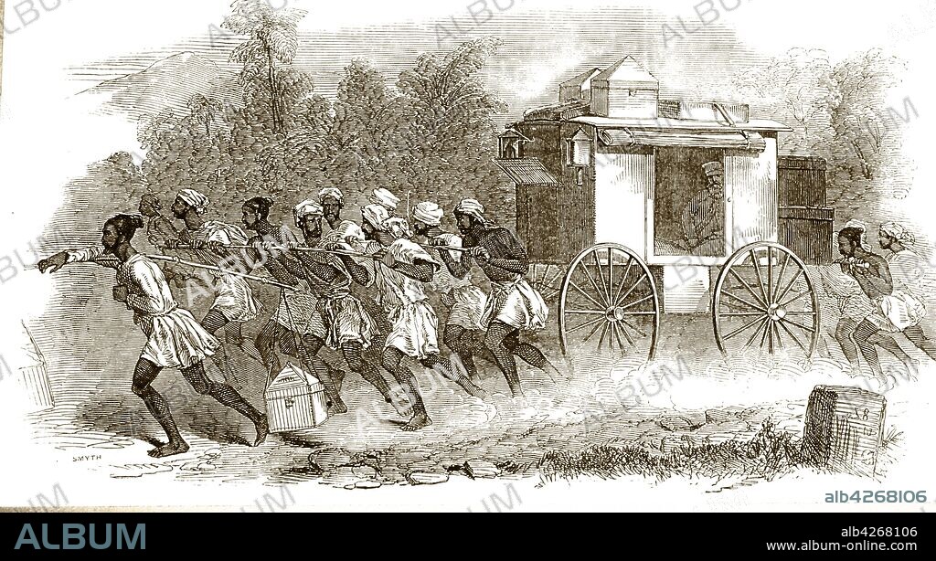 An engraving depicting a palanquin, a covered litter for one passenger, transporting an Indian Army Officer. Dated 19th century.