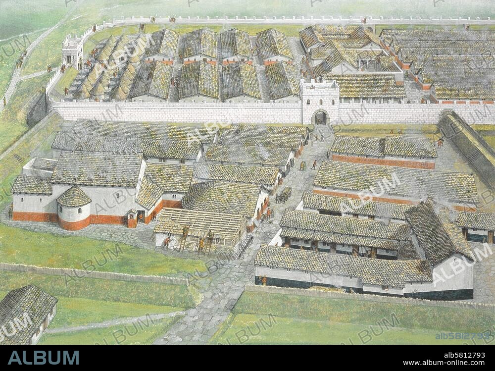 Vindolanda (England), Roman fort at Hadrian's Wall (origin. wooden fort c. 80 AD at the Stonegate, since 122 replaced by a stone fort with the erection of Hadrian's Wall). Reconstruction: View of the fort c. 200 AD. Watercolour, undated, by Peter Connolly. (1935-2012).