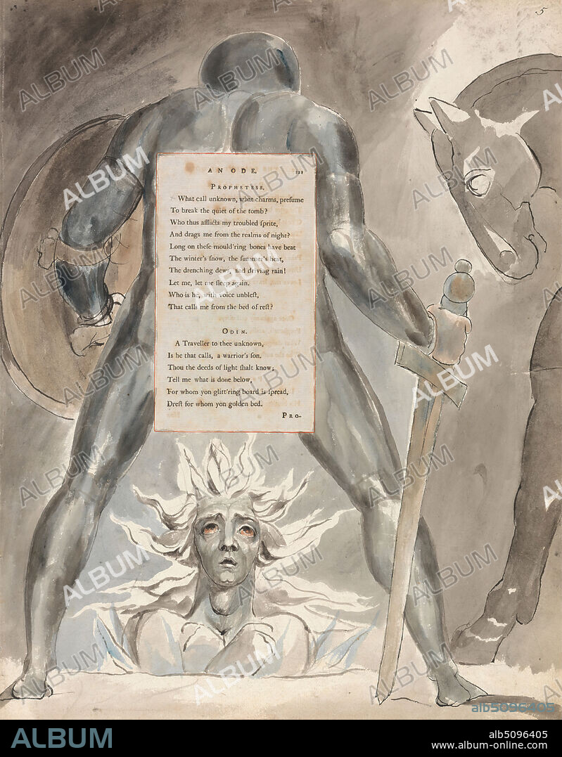 The Poems of Thomas Gray, Design 81, 'The Descent of Odin.', William Blake, 17571827, British, between 1797 and 1798, Watercolor with pen and black ink and graphite on moderately thick, slightly textured, cream wove paper with inlaid letterpress page, Sheet: 16 1/2 x 12 3/4 inches (41.9 x 32.4 cm), angel, armor, chalice, cup, fire, flame, helmets, horse (animal), knight (landholder), literary theme, men, nautilus shell cup, religious and mythological subject, shield, sky, sun, sword, text.