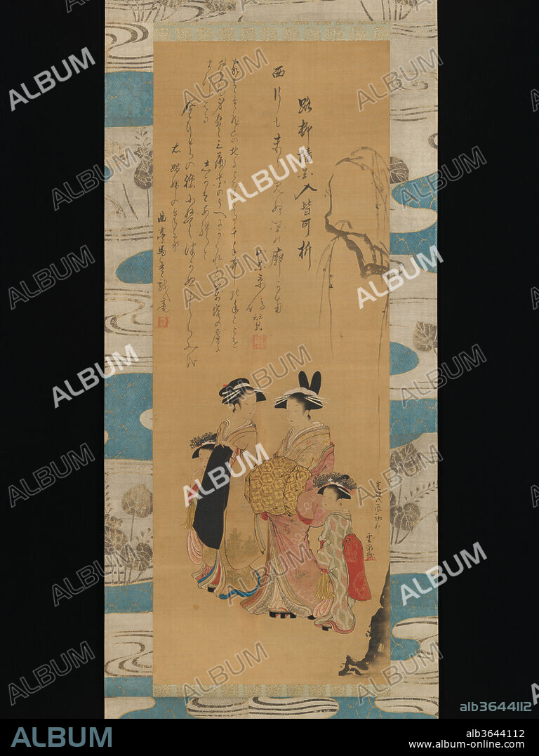 Courtesan and her Attendants under a Willow Tree. Artist: Uncho (Japanese, active late 18th century); Inscribed by Kitao Masanobu (Santo Kyoden) (Japanese, 1761-1816); Inscribed by Kyokutei Bakin (1767-1848). Culture: Japan. Dimensions: 36 1/2 x 13 3/8 in. (92.7 x 34 cm)
Overall with mounting: 72 13/16 × 18 7/8 in. (185 × 48 cm)
Overall with knobs: 72 13/16 × 20 5/8 in. (185 × 52.4 cm). Date: 1796.
A high-ranking courtesan (oiran), accompanied by her teenage apprentice (shinzo) and two child attendants (kamuro), promenade beneath a weeping willow in the spring. While the identity of the artist who signs himself "Uncho" has yet to be determined, we may assume that he received his art name from the ukiyo-e artist Katsukawa Shuncho. 
The two inscribers of the poetry above, Kyoden and Bakin, are among the greatest popular writers of the day. They have both added Chinese and Japanese poetic phrases referring to the Yoshiwara pleasure quarters. Kyoden uses metaphors of willow trees and flowers; Bakin quotes a Chinese poem and then likens a courtesan to a thousand-armed Kannon bodhisattava in the service of men.