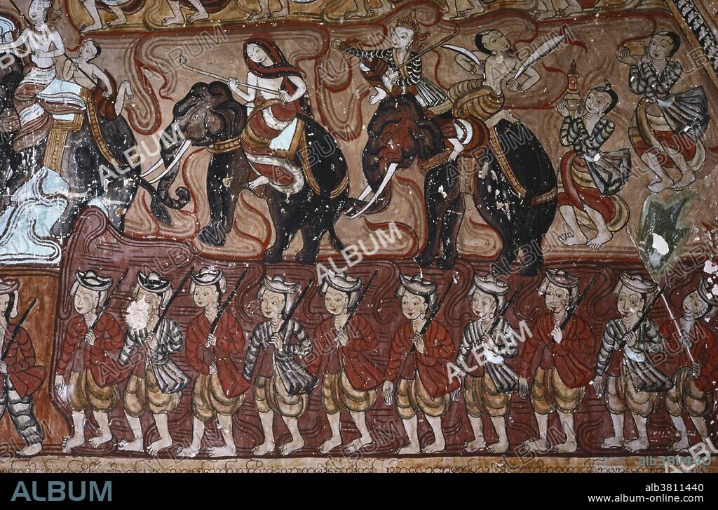 Fresco depicting a procession of soldiers and elephants, from Bagan (formerly Pagan), a city in Burma (Myanmar) that was  the ancient capital of several kingdoms from the 11th to 13th centuries A.D.