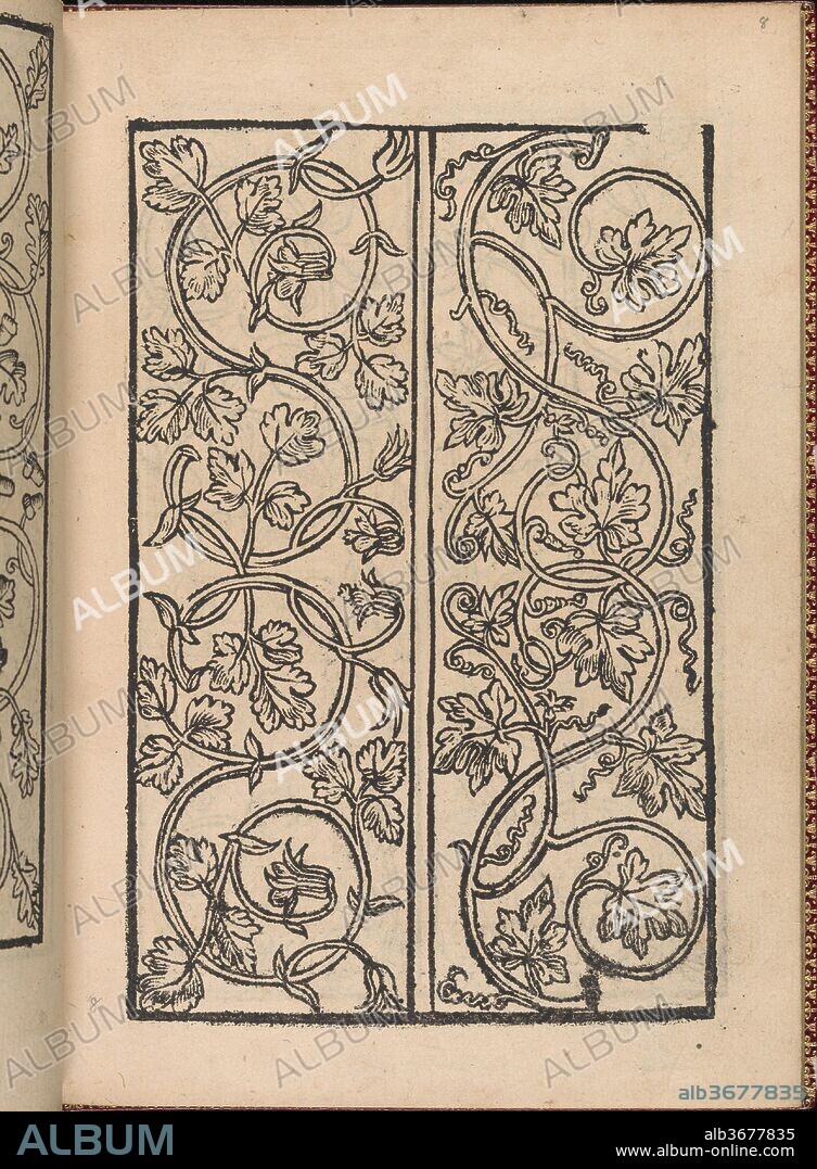 Modelbuch new, aller Art, Nehens und Stickens (page 8r). Binder: Riviere & Son(s) (London). Dimensions: Overall: 6 7/8 x 4 15/16 in. (17.5 x 12.5 cm). Publisher: Hermann Gülfferich (1542-1554) , Frankfurt am Main. Date: 1553.
Published by Hermann Gülfferich, 1542-1554, Frankfurt am Main, bound by Riviere & Son(s), London.
Illustrated title page (copy of Beham-Pauli 1222), 76 pages of designs, and printer's mark on last page.