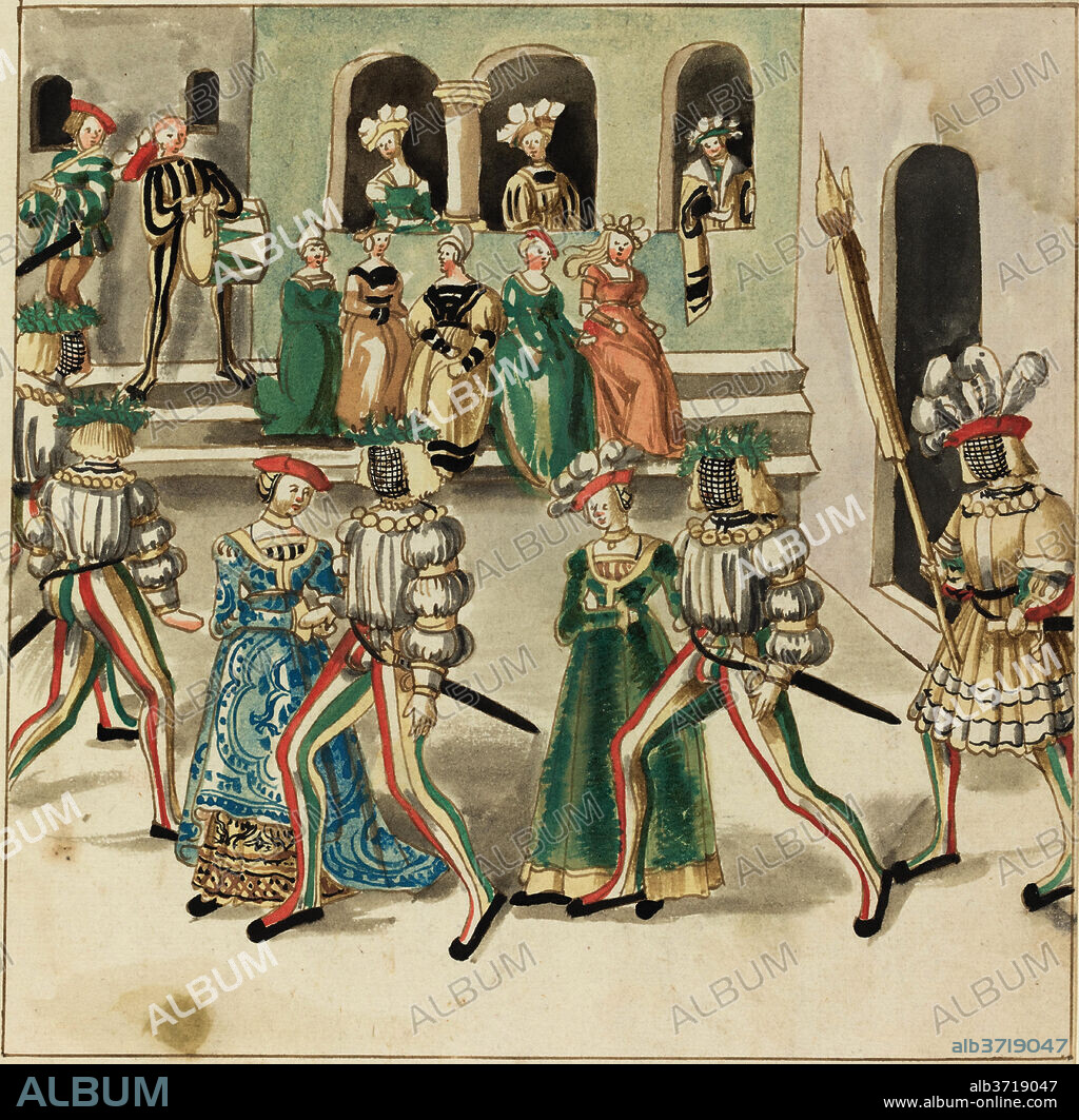 GERMAN 16TH CENTURY. Masquerade. Dated: c. 1515. Dimensions: image: 23.3 x 23.7 cm (9 3/16 x 9 5/16 in.)  sheet: 33.7 x 26.4 cm (13 1/4 x 10 3/8 in.). Medium: pen and brown ink with watercolor on laid paper.