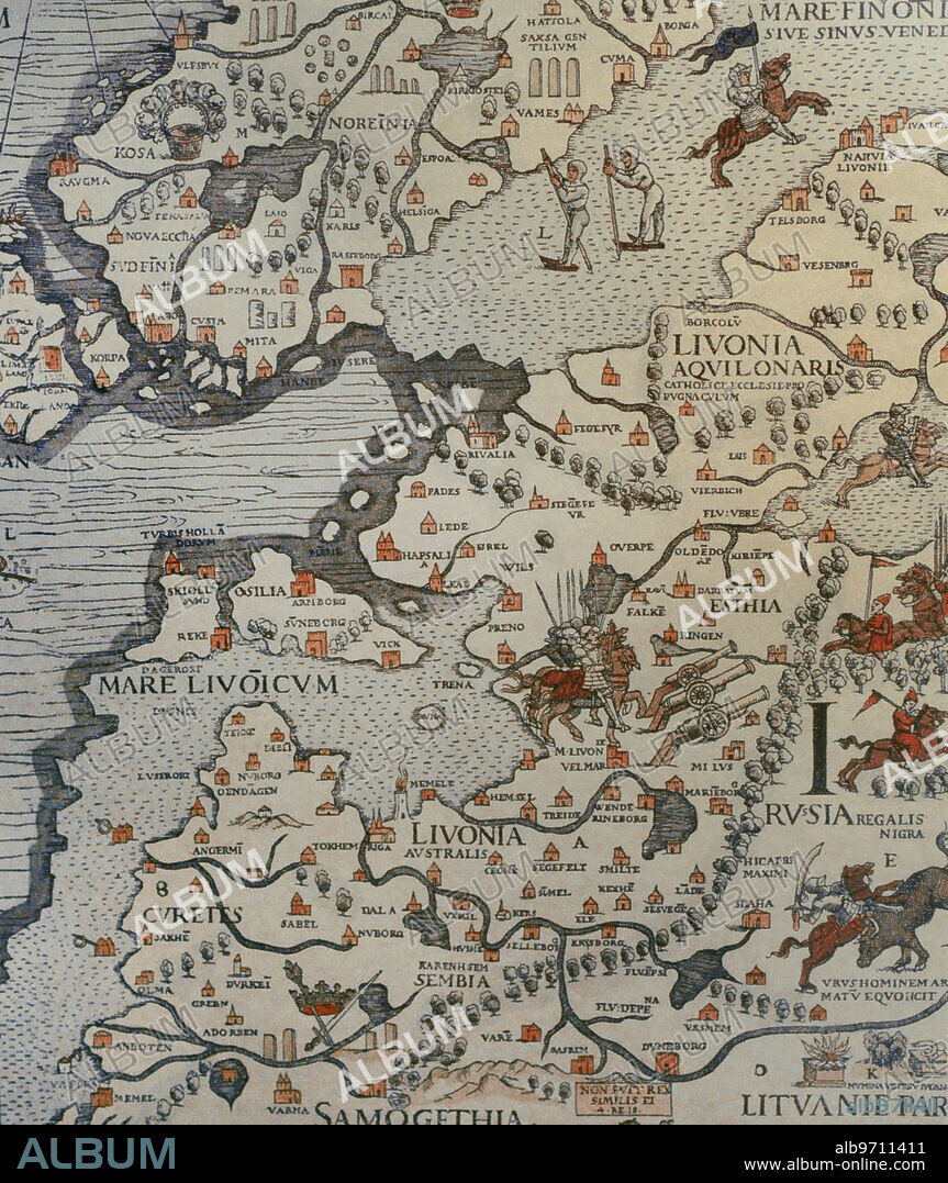 Map of Livonia. 16th century. Marine Chart of Olaus Magnus (1490-1557). Fragment of a reproduction. Venice, 1539. Latvian War Museum. Riga. Latvia.