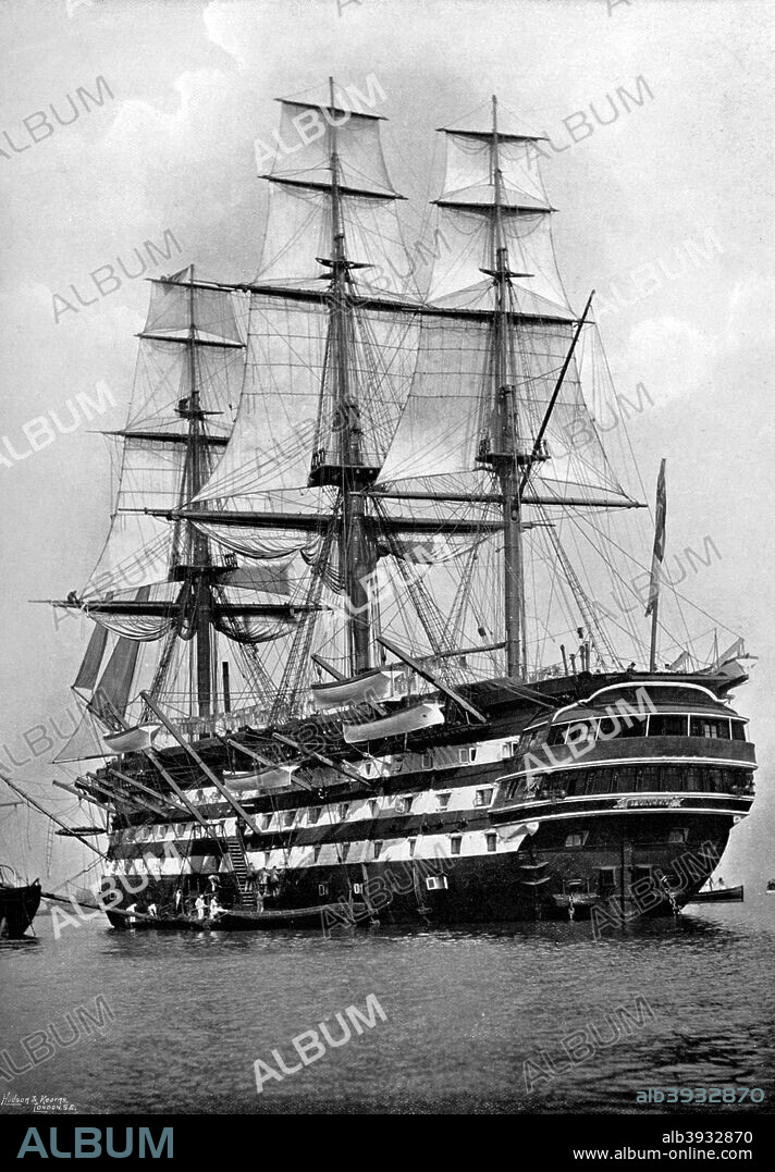 The training ship HMS 'St Vincent' at Portsmouth, Hampshire, 1896. Launched in 1815, she was one of three sister 120 gun first-rates, the 'Nelson', the 'Howe' and the 'St Vincent'. She was converted to a training ship in 1862 and ended her service in 1906. A print from The Navy and Army Illustrated, 6th March 1896.