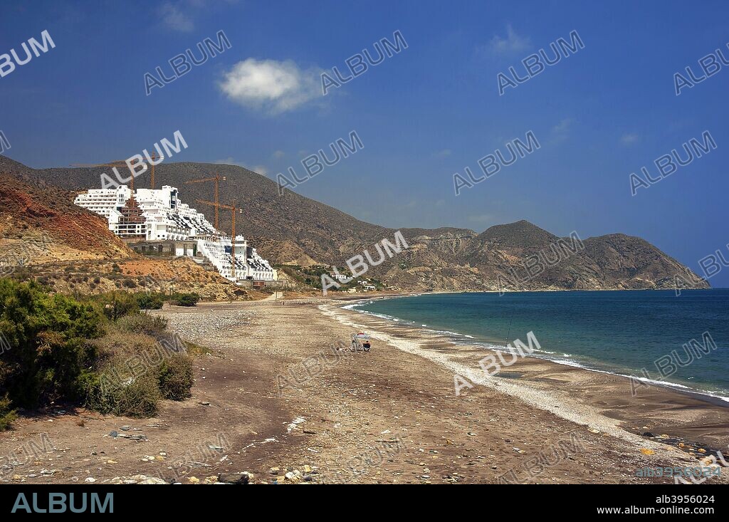El Algarrobico hotel and beach, Carboneras, Almeria province, Region of Andalusia, Spain, Europe.