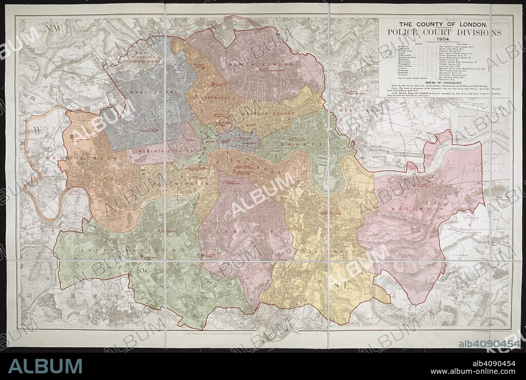 A map of London showing the Police Court Divisions . The County of London. Police Court Divisions, 1904. London Government Series. Scale, 2 inches to 1 mile. London : E. Stanford, 1904. Source: Maps 3485.(152.). Language: English.