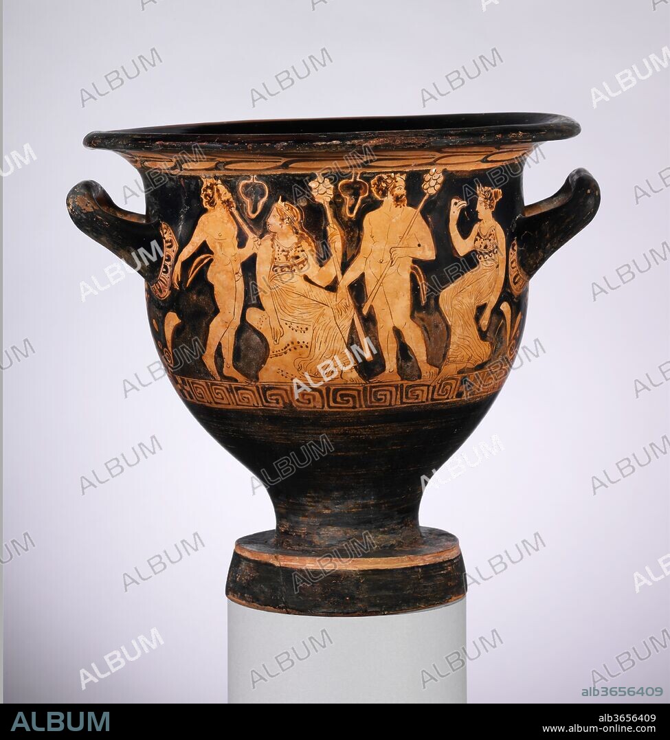 Terracotta bell-krater (vase for mixing wine and water). Culture: Greek, Attic. Dimensions: H. 13 3/8 in. (34 cm)
diameter  14 in. (35.6 cm). Date: ca. 390-380 B.C..
Obverse, satyrs and maenads
Reverse, three youths
The gentrification of the followers of Dionysos on this vase is worth noting. Whereas vases of the late sixth and the first half of the fifth centuries B.C. emphasized the irrational and animal energies of satyrs and maenads, by the turn of the fifth to the fourth century, these figures had become quite sedate.