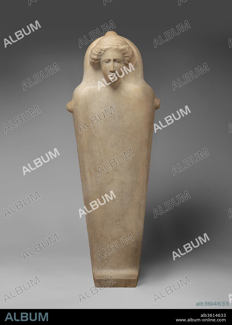 Marble anthropoid sarcophagus. Culture: Graeco-Phoenician. Dimensions: L.  87 3/4in. (222.9cm). Date: last quarter of the 5th century B.C..
The lid of the sarcophagus shows an unarticulated, downward tapering body and the head of a woman framed by flowing hair; traces of red paint are still preserved in the hair. At the foot end of the box and on the lid appears the Phoenician letter "shin." According to recent investigations, the anthropoid sarcophagi of marble were quarried on the Greek island of Paros. They were prepared up to a certain point and finished at their destinations. The inscribed letters here strongly suggest that the sculptor was Phoenician, which would be entirely plausible at Amathus and Kition, two centers of Phoenician occupation on Cyprus. Such fine, expensive coffins inspired local copies in limestone and terracotta.