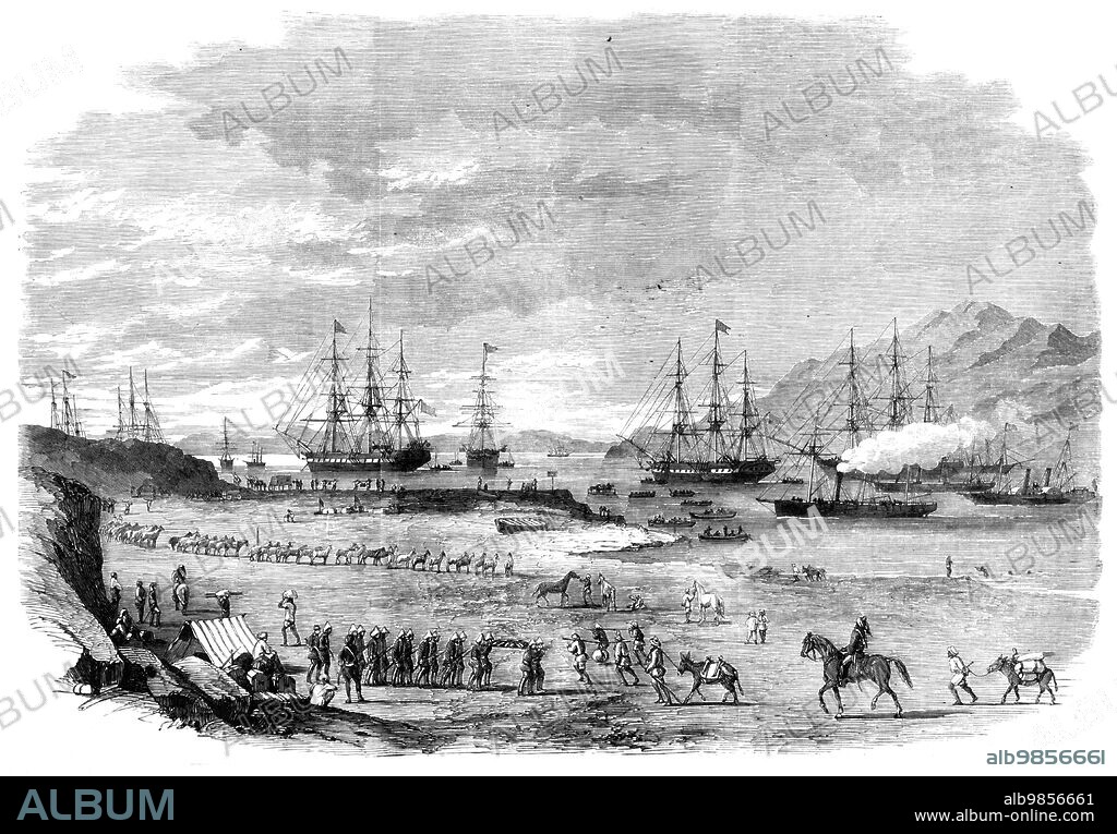 The War in China - departure from Hockly Pier, Odin Bay, of the Sikh Cavalry and troops for the Peiho, 1860. 'Our Artist writes: [July 23]: "I am writing under difficulties. Myriads of flies are not conducive to serenity of mind, especially combined with a roasting heat, glare, and dust. We are off the day after to-morrow. We only this morning heard that the mail was to start to-morrow morning, instead of on the 28th...For the last few days the troops have been embarking, and now the bustle at the landing-place presents a melancholy contrast to the scene of yesterday, when it was crowded with every variety of the genus soldier from the grey dawn till late at night...Two dead artillerymen were being borne to their last resting-place on the shoulders of their comrades, which contrasted painfully with the excitement around - Sikhs of Probyn's Horse, graceful and picturesque officers of ditto; natives, coolies, kitmujars, and the paraphernalia of Indian campaigning; soldiers and sailors; ships, gun-boats, and little boats; donkeys, mules, and horses. It was a splendid sunset".' From "Illustrated London News", 1860.