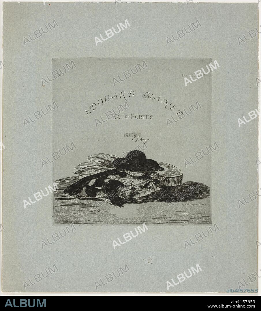 EDOUARD MANET. Hat and Guitar, Frontispiece for the edition of fourteen etchings. Édouard Manet (French, 1832-1883); published by Alfred Cadart (French, 1828-1875). Date: 1874. Dimensions: 230 × 218 mm (image/plate); 394 × 348 mm (sheet). Etching, aquatint, drypoint, and engraving in black on blue wove paper. Origin: France.