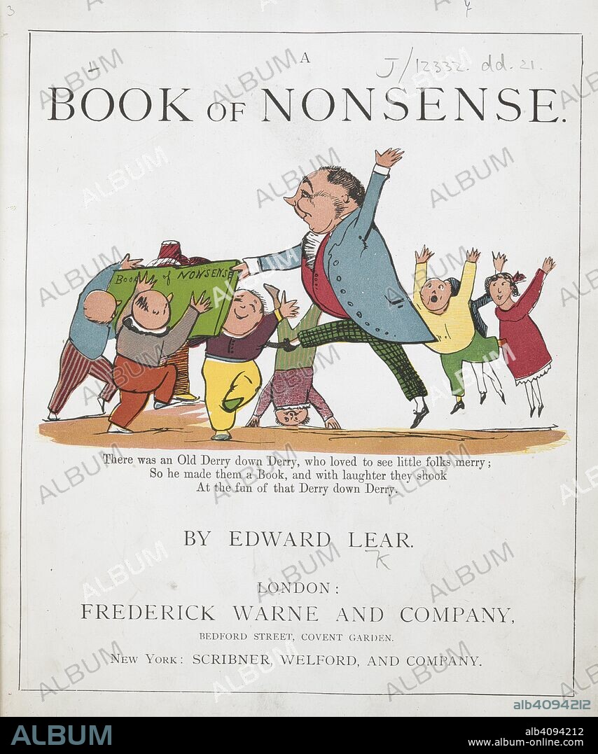 EDWARD LEAR. Illustrated title page. There was an old Derry down Derry ... A Book of Nonsense. [With illustrations.]. London : Frederick Warne & Co., [1885?]. Source: 12332.dd.21 title page.