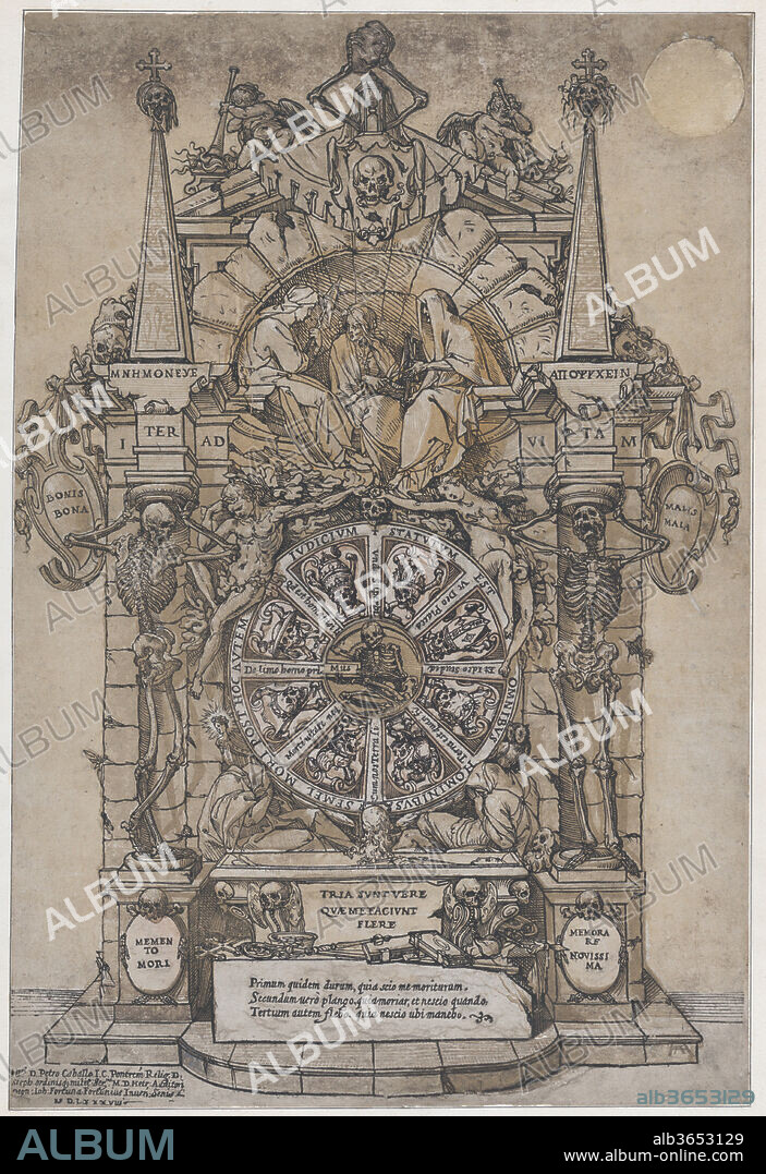 Triumph of Death with three fates in an architectural frame above a wheel of fortune flanked by skeletons; a skull and an hour glass at top and with wheel intended to spin at center. Artist: Andrea Andreani (Mantua, 1558/1559-1629); After Giovanni Fortuna (Italian, 1535-1611). Dimensions: Sheet: 15 11/16 × 11 11/16 in. (39.9 × 29.7 cm). Date: 1588.