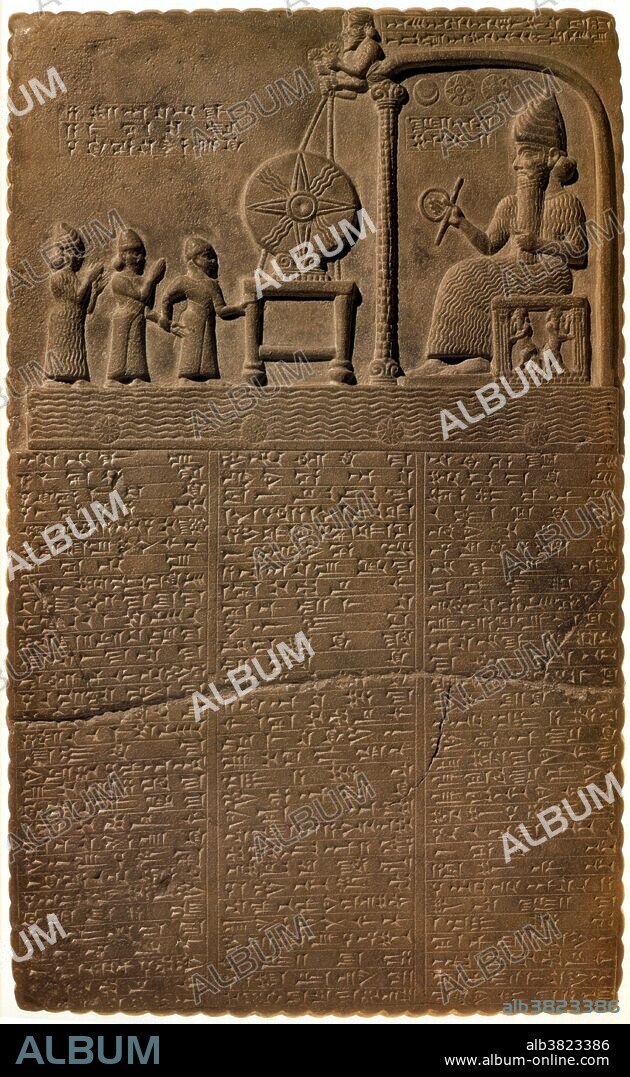 The Tablet of Shamash is a stone tablet recovered from the ancient Babylonian city of Sippar in southern Iraq in 1881. The bas-relief on the top of the obverse shows Shamash, the Sun God, beneath symbols of the Sun, Moon and Venus. He is depicted in a seated position in a shrine, holding forward a measuring rod and reel of cord. There is another large sun disk in front of him on an altar, suspended from above by two figures. Of the three other figures on the left, the central one is dressed in the same fashion as Shamash and is assumed to be the Babylonian king Nabu-apla-iddina receiving the symbols of deity. The cuneiform text beneath the stele is divided into fifteen passages, blending prose, poetic and rhetorical elements in the fashion typical of Mesopotamian royal inscriptions. It tells how Sippar and the Ebabbar temple of Shamash had fallen into disrepair with the loss of the statue of the God. This cult image is temporarily replaced with the solar disk; it is further described how a new figure of Shamash was found in an eastern part of the Euphrates, from which Nabu-apla-iddina has constructed a new statue of lapis lazuli and gold to restore the cult.