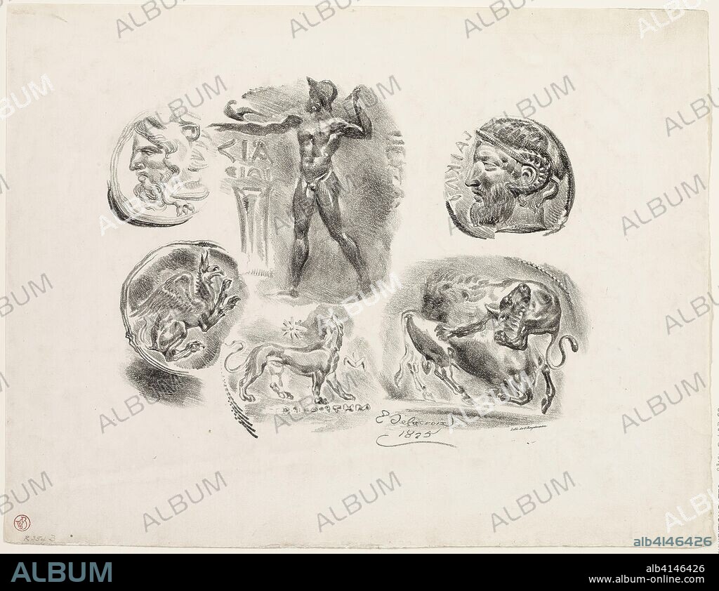 EUGENE DELACROIX. Sheet of Six Antique Medals. Eugène Delacroix; French, 1798-1863. Date: 1825. Dimensions: 190 × 250 mm (image); 283 × 370 mm (sheet). Lithograph in black on ivory wove paper. Origin: France.