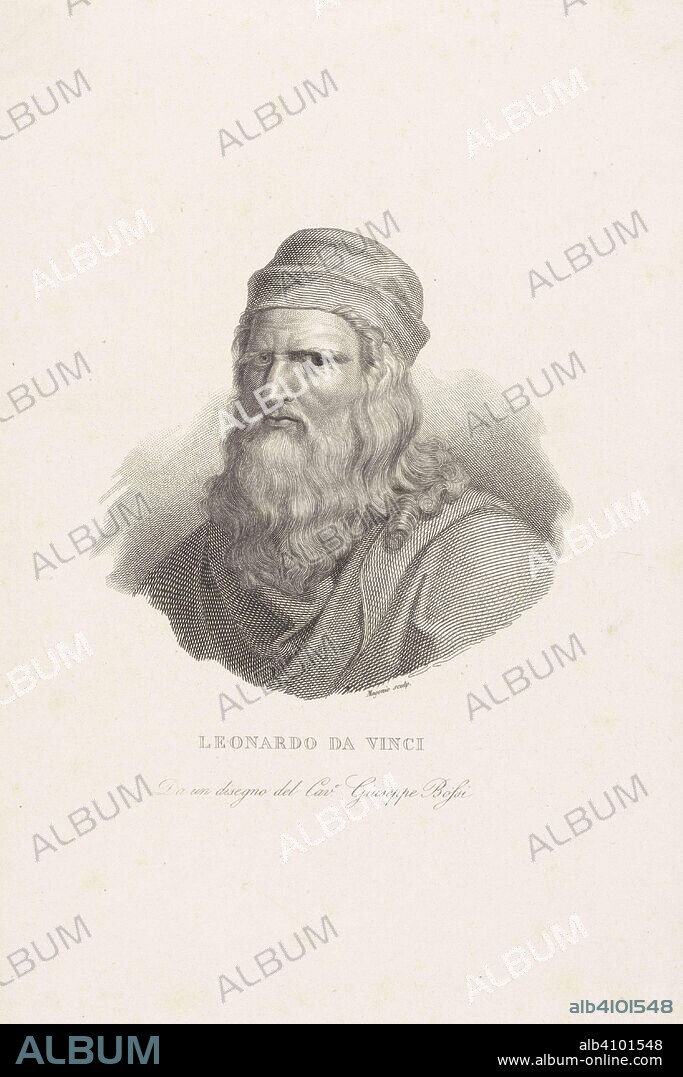 Portrait of artist Leonardo da Vinci, Magonio, after Giuseppe Bossi, 1800 - 1899. Dimensions: h 248 mm × w 165 mm.  Material: paper. Technique: engraving.