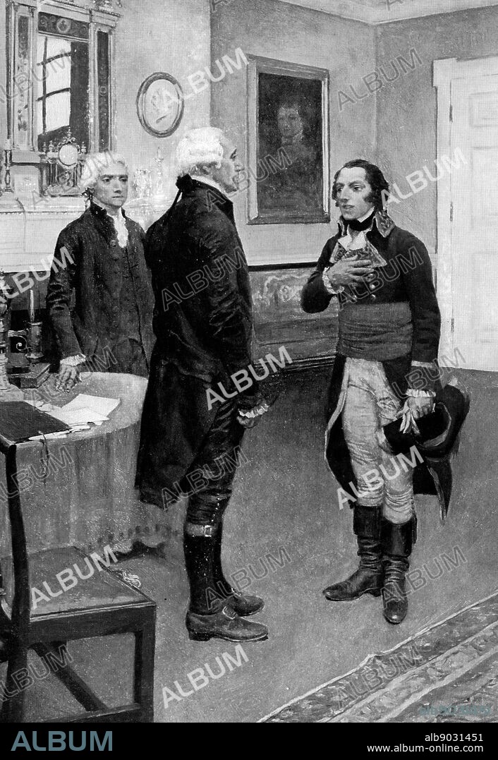 Painting depicting Edmond-Charles Genêt (1764-1834) the French ambassador to the United States, presenting himself to President George Washington (1732-1799). Dated 18th Century.