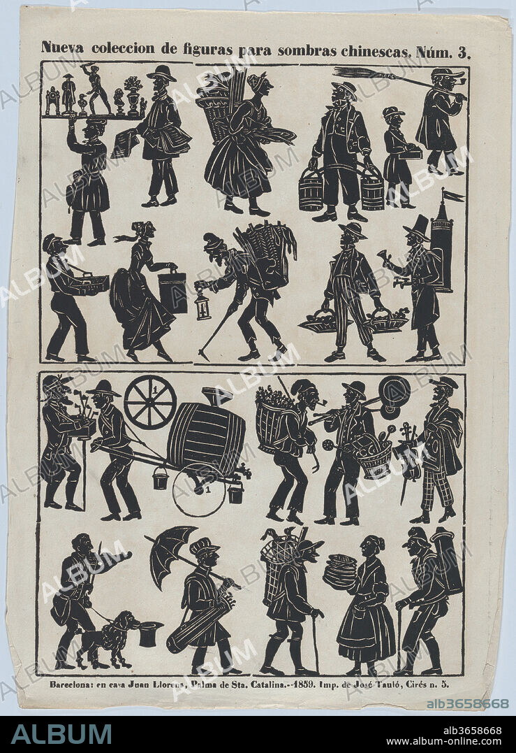 Sheet 3 of figures for Chinese shadow puppets. Dimensions: Sheet: 17 1/16 × 12 3/8 in. (43.3 × 31.5 cm). Printer: José Taulo (Spanish, active ca. 1855-70). Publisher: Juan Llorens (Spanish, active Barcelona, ca. 1855-70). Date: 1859.