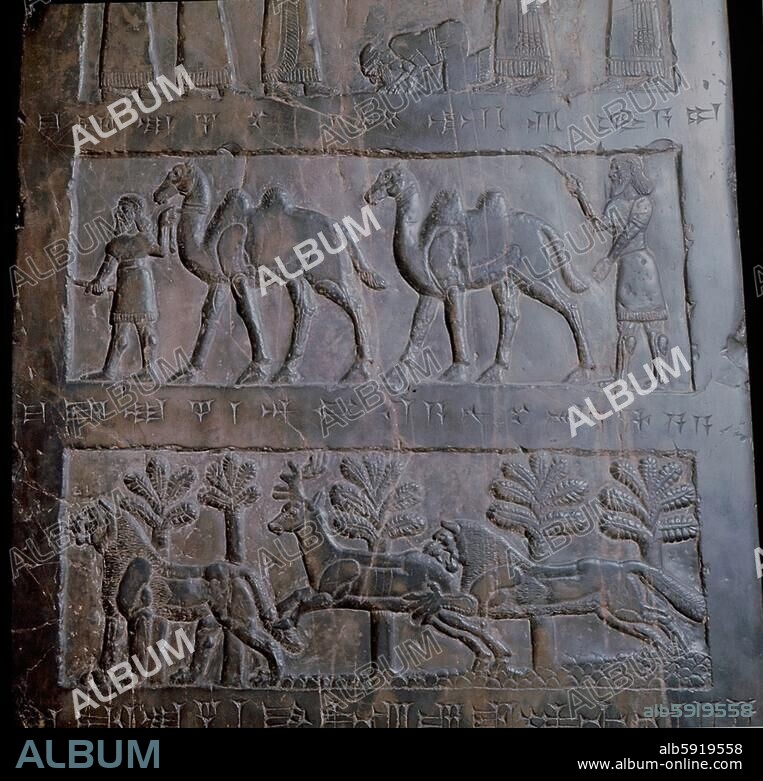 The black obelisk of Shalmaneser III. The obelisk is attributed to the Assyrian king who receives the tribute of Jehu, king of Israel. The detail from the third and fourth panel shows men driving camels and hunting scene with lions and a deer. Country of Origin: Ancient Middle East. Culture: Assyrian. Date / Period: Late Assyrian 858-824 BC.