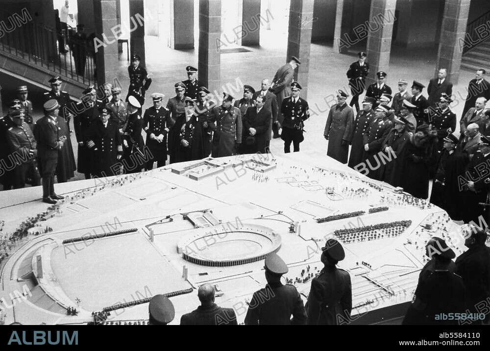 Berlin, 20 April 1939. Celebrations for the 50th birthday of Adolf Hitler. The honorary guests view the Reichssportfeld as a model in the House of German Sport. Photo, 1939.