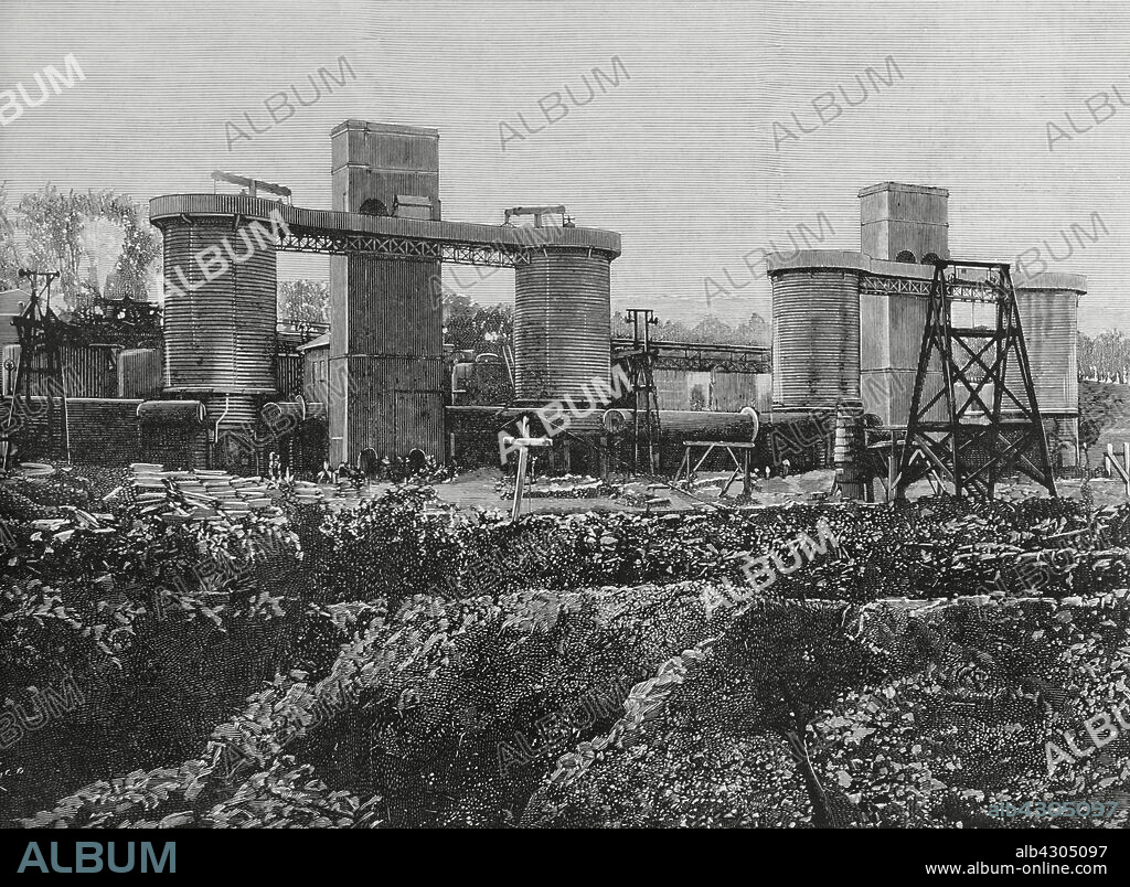 BERNARDO RICO (1825-1894). SPANISH PAINTER AND ENGRAVER.. History of Spain. Mining industry in Biscay. Iron foundry known as "La Mudela". It was built for the exploitation of iron ore on the San Francisco del Desierto estate in Sestao. It belonged to Francisco de las Rivas y Ubieta (1808-1882), Marquis of Mudela, who died before its completion. Between 1919 and 1920 the factory was acquired by Altos Hornos de Vizcaya (1902-1996). View of the furnaces. Engraving by Bernardo Rico (1825-1894). La Ilustración Española y Americana (The Spanish and American Illustration), 1883.