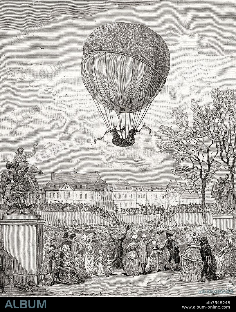 Professor Jacques Charles and Nicolas-Louis Robert fly the world's first manned hydrogen balloon on 1 December 1783 at the Tuilleries Gardens, Paris, France. From Histoire de France, published c. 1880.