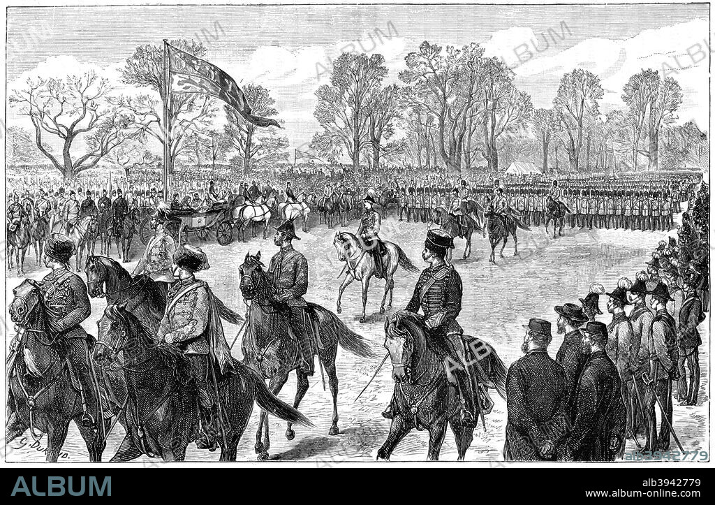 'Review in Windsor Great Park of the troops from the Ashanti war', 1900. The march past Queen Victoria. During the 'Ashanti Campaign', the Ashanti people in what is now Ghana offered substantial resistance to British imperial ambitions in Africa. Britain finally succeeded in suppressing the Ashanti in 1900. A print from The Life and Times of Queen Victoria, by Robert Wilson, Volume IV, (Cassell and Company, London, Paris, New York, Melbourne, 1900).