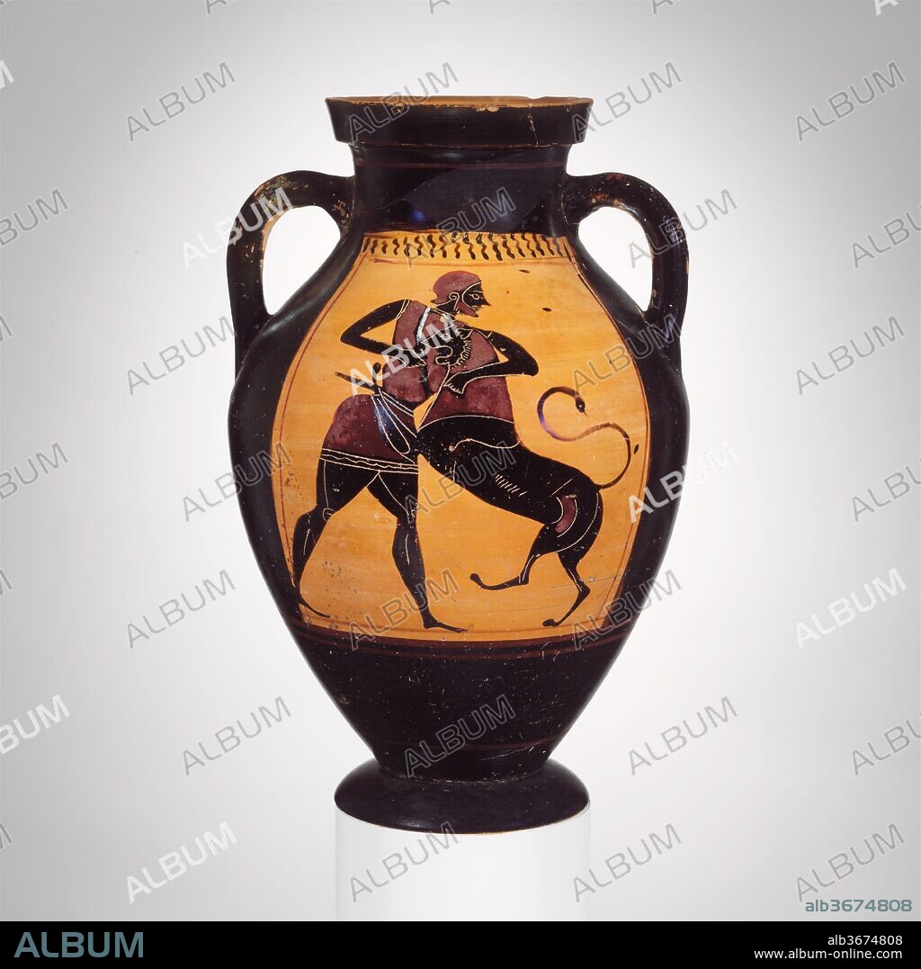 Terracotta amphora (jar). Culture: Greek, Attic. Dimensions: H. 10 9/16 in. (26.9 cm). Date: ca. 540 B.C..
Obverse and reverse, Herakles and the Nemean lion
Within the elongated shape of the amphora, the panel has been stretched proportionately to accommodate the pair of combatants. Although we know the outcome of the struggle, the artist characterized it effectively by showing man and lion as equally matched.