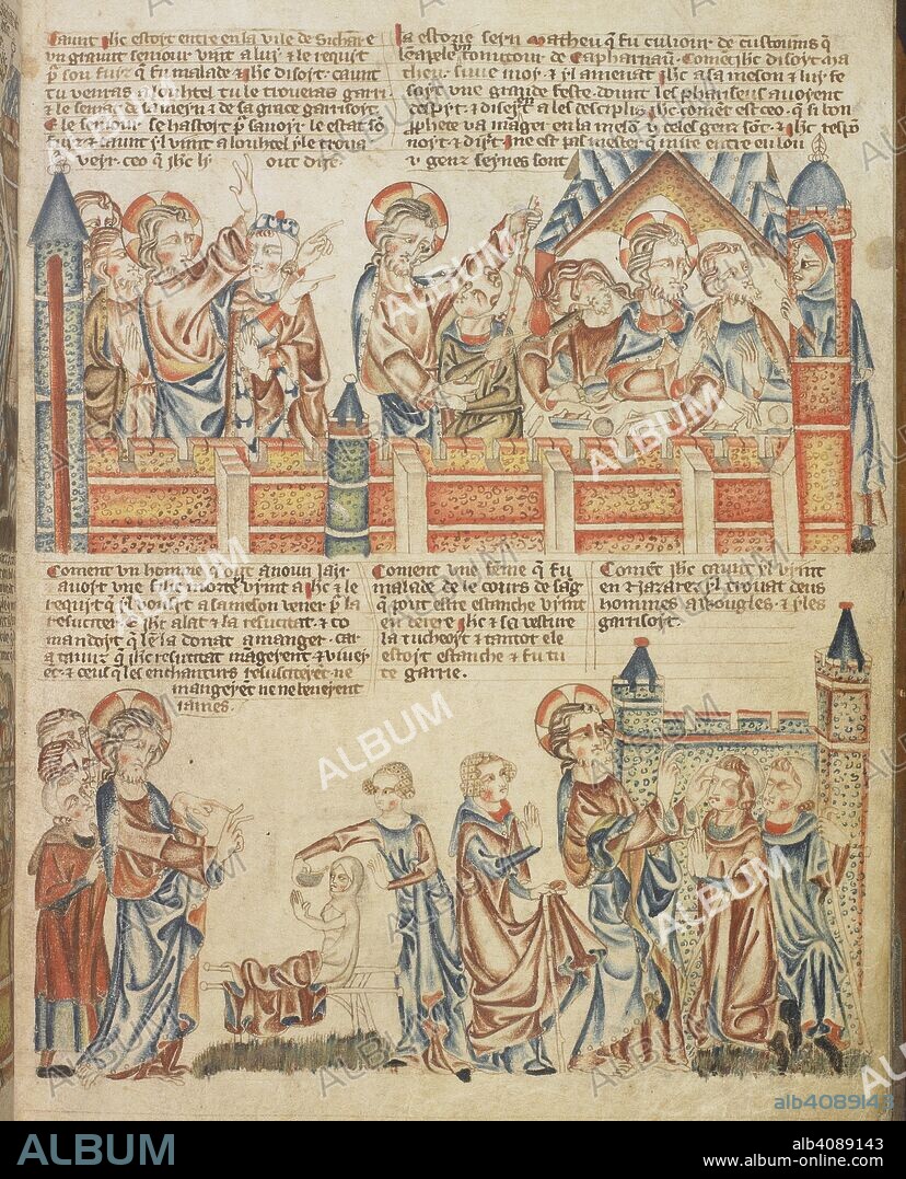 Christ dines at St Matthew's house; the raising of Jairus's daughter; the woman with a flow of blood; healing blind men. Holkham Bible Picture Book. England, circa 1320-1330. Source: Add. 47682, f.25.