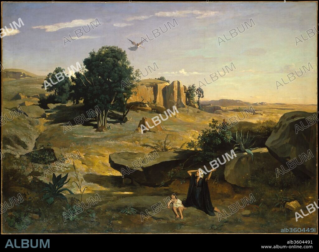 Hagar in the Wilderness. Artist: Camille Corot (French, Paris 1796-1875 Paris). Dimensions: 71 x 106 1/2 in. (180.3 x 270.5 cm). Date: 1835.
This picture, shown at the Salon of 1835, is the earliest of four large, ambitious biblical paintings that Corot exhibited in the 1830s and 1840s. Like the Museum's <i>The Burning of Sodom</i>, it illustrates the story of the family of Abraham. Because his wife, Sarah, was elderly and barren, Abraham fathered a son, Ishmael, with their servant, Hagar. Later, when Sarah bore her own son, Isaac, Hagar and Ishmael were driven away into the desert of Beersheba. For this painting, Corot chose the moment of their divine salvation. 
The largely arid landscape is Corot's invention, but is partially based on nature studies including the Museum's <i>Fontainebleau: Oak Trees at Bas-Bréau</i>.