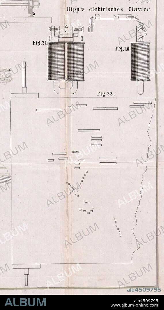 Hipp's electric piano, Electric piano by Matthäus Hipp, director of the telegraph factory in Neuchâtel, Fig. 20-22, 1867, Dingler's polytechnisches Journal. No. 183. Stuttgart: [s.n.], 1867.