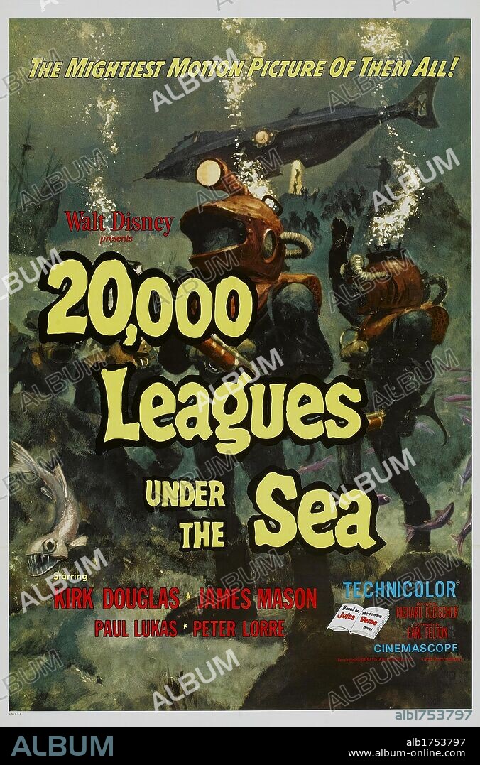 Poster of 20.000 LEAGUES UNDER THE SEA, 1954, directed by RICHARD FLEISCHER. Copyright WALT DISNEY PRODUCTIONS.