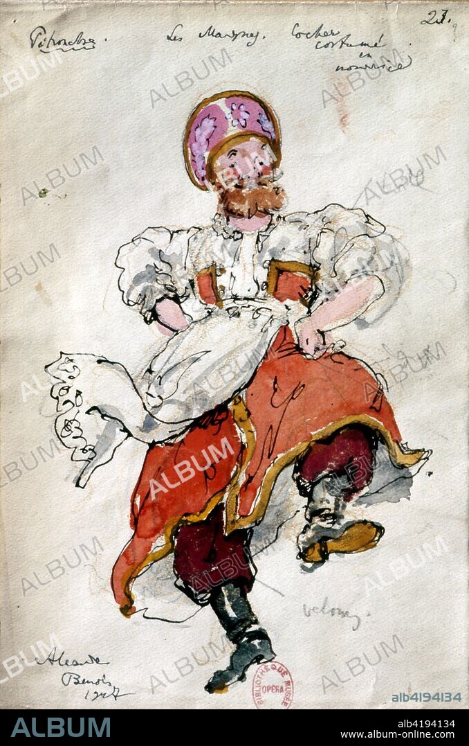 Costume design by Benois, for the Russian Ballet 'Petrushka' 1910–11. The Ballet was composed by Igor Stravinsky. Michel Fokine choreographed the ballet; Benois designed the sets and costumes. Petrushka was first performed by Sergei Diaghilev's Ballets Russes at the Theatre du Chatelet in Paris on 13 June 1911. Alexandre Nikolayevich Benois (1870 –  1960) was a Russian artist, art critic, historian, preservationist, and founding member of Mir iskusstva (World of Art), an art movement and magazine.