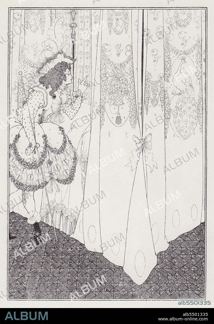 AUBREY BEARDSLEY. The Dream, 1895. An androgynous figure with a wand gestures to an unseen person behind the bedcurtains. 'Belinda still her downy pillow pressed; Her guardian sylph prolonged the balmy rest; 'Twas he had summoned to her silent bed; The morning dream that hovered o'er her head'. Illustration for "The Rape of the Lock" by Alexander Pope, published privately by Leonard Smithers in 1896. Rape in this context refers not to sexual violence but to the theft and carrying away of a lock of hair, from the Latin rapere: to snatch, to grab, to carry off. From "The Best of Beardsley" edited by R. A. Walker, [The Bodley Head, London, 1948].