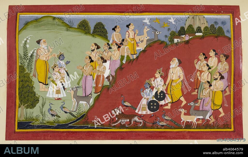 Rama sets out to Mithila. Ramayana, Bala Kanda. Udaipur, 1712. Visvamitra, Rama and Lakshmana leave the ashrama for the kingdom of King Janaka. They are accompanied by rishis and sages until they reach the banks of the River Shona.  Image taken from Ramayana, Bala Kanda.  Originally published/produced in Udaipur, 1712. . Source: Add. 15295, f.89. Language: Sanskrit.