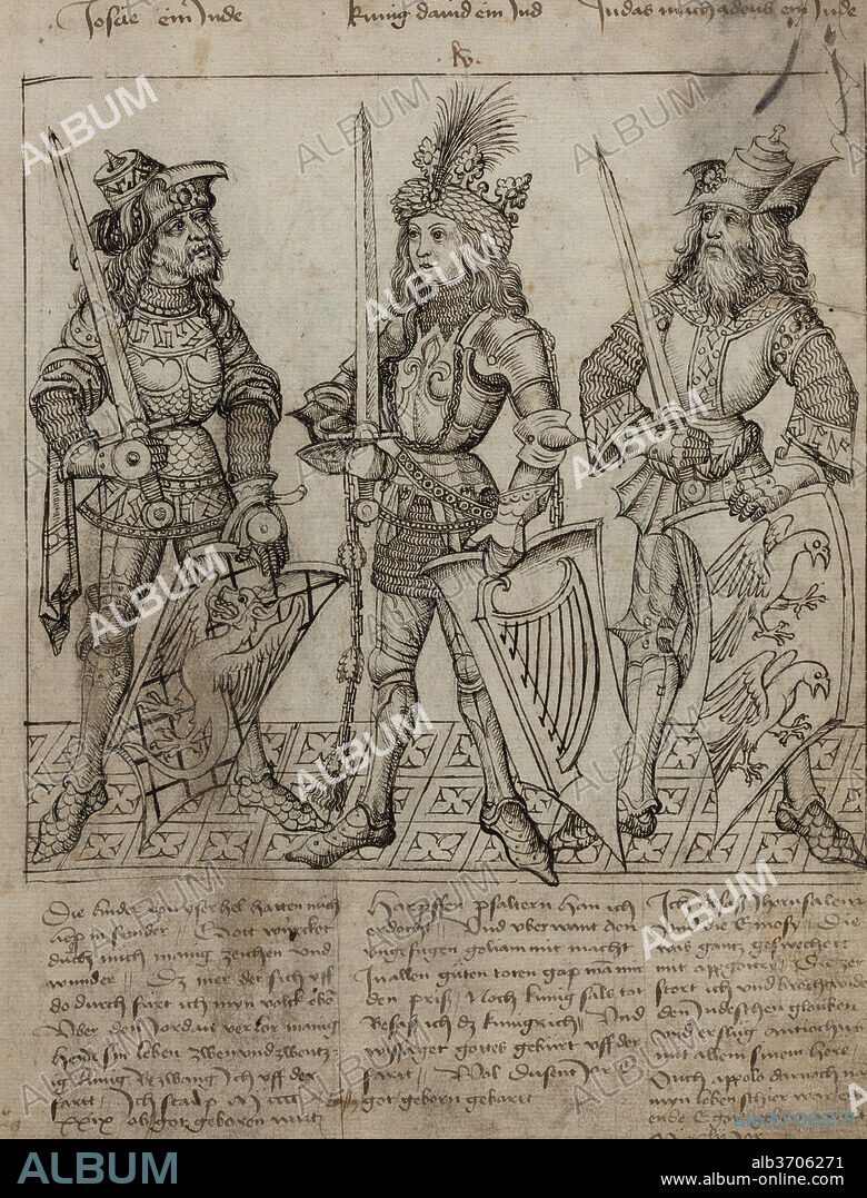 PRIMARY MASTER OF THE STRASSBURG CHRONICLE. Joshua, King David and Judas Maccabeus. Dated: 1492. Dimensions: overall: 34.8 x 26.2 cm (13 11/16 x 10 5/16 in.). Medium: pen and black ink over traces of black chalk on on laid paper ruled in leadpoint.