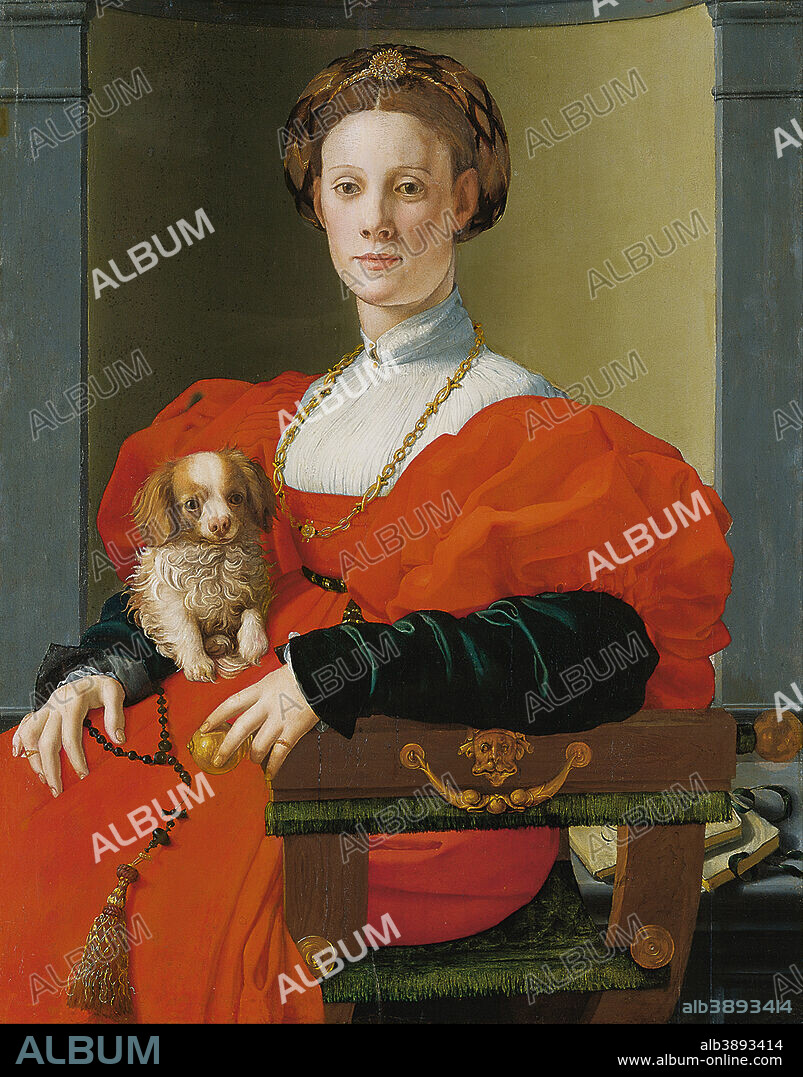 AGNOLO BRONZINO (JACOPO CARUCCI). Portrait of a Lady with a Lapdog. Date/Period: 1537/1540. Poplar. Width: 70.5 cm. Height: 89.8 cm (Complete).