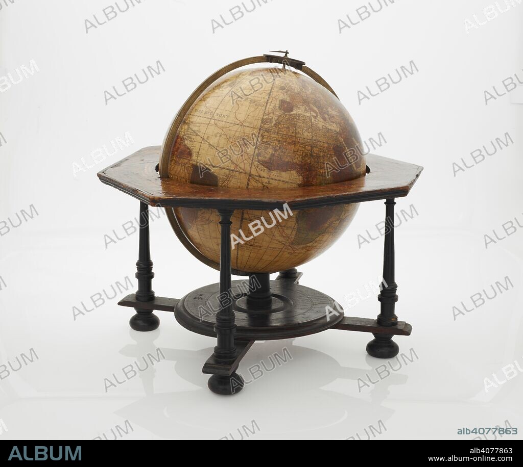 Globe. Globus terrestrius. [Nuremberg? : Johann Gabriel Doppelmayr], 1728. Forms a pair with Doppelmayr's celestial globe at Maps G.36a. Physical Description: 1 globe : col., mounted on a four-legged wooden stand with a meridian ring and an hour ring ; 31 cm. in diam.; Scale not given. Source: Maps G.36b view 2.