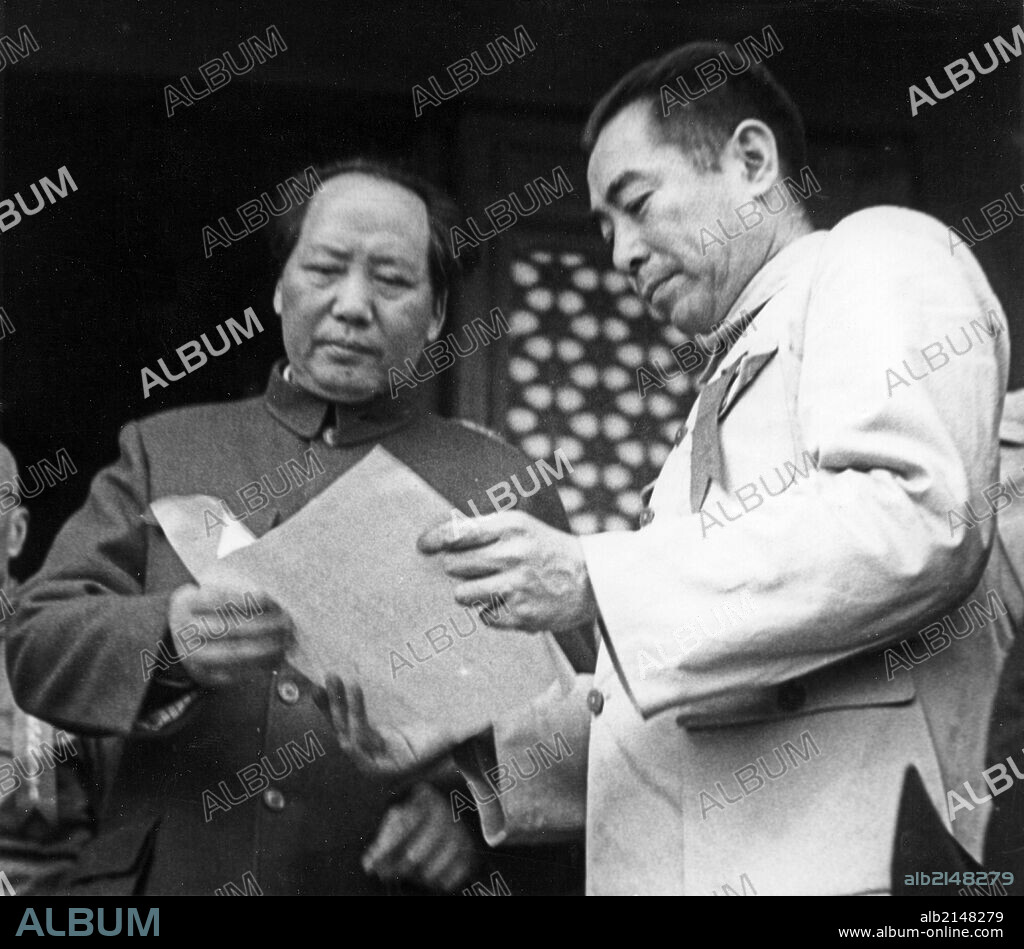 Mao Zedong and Zhou Enlai attending the founding ceremony of the People's Republic of China on the Tienanmen Rostrum on October 1, 1949. (Photo by: Sovfoto/UIG via Getty Images).